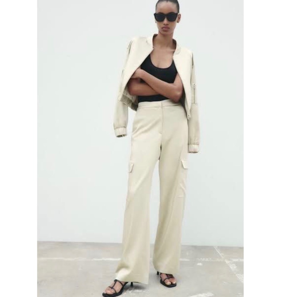 Zara Beige Satin Wide Leg Cargo Pants High Waisted Size M Champagne Trousers